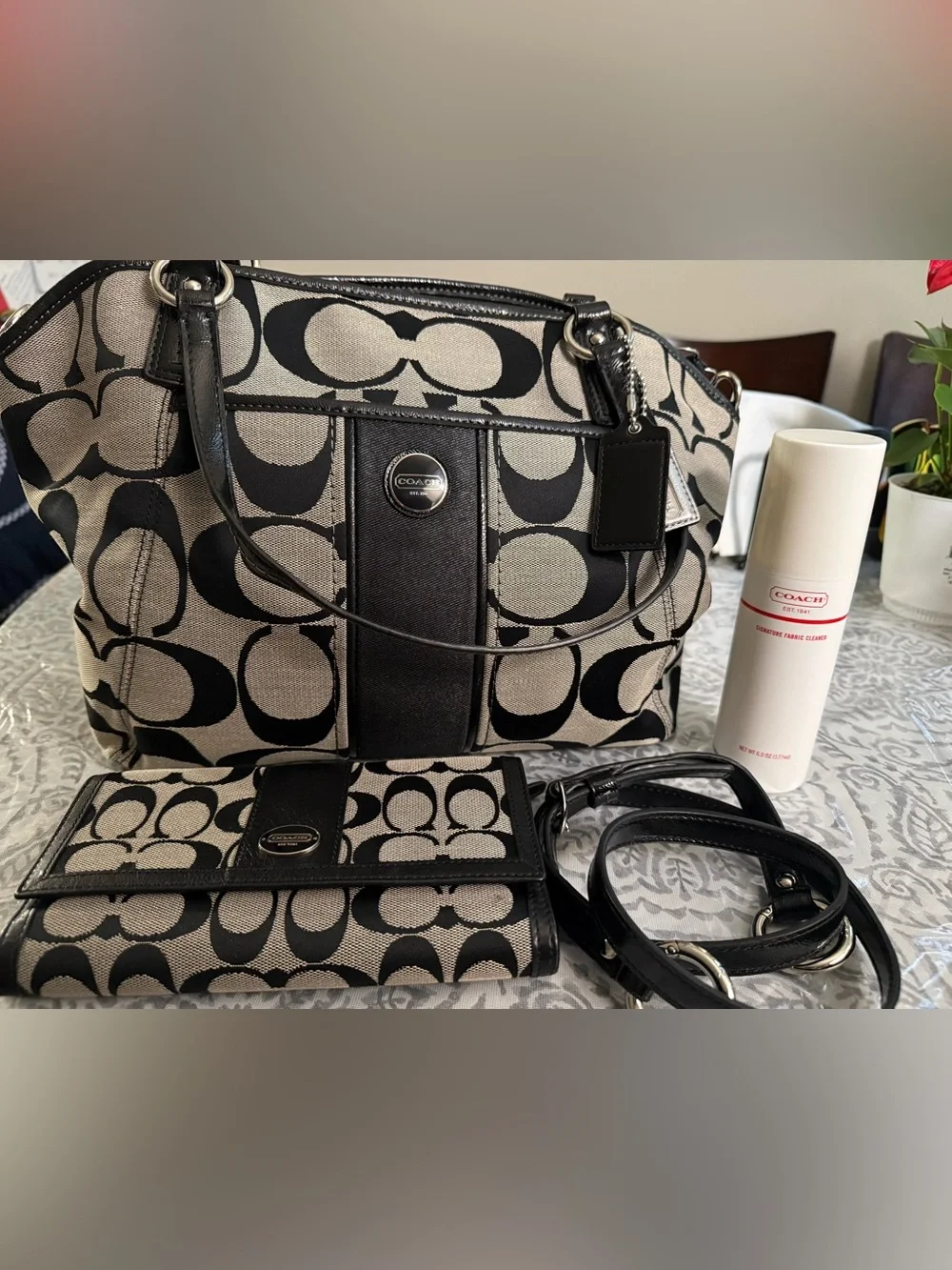 Coach Shoulder Bag in Black and Beige Signature Canvas & Wallet + Cleaner